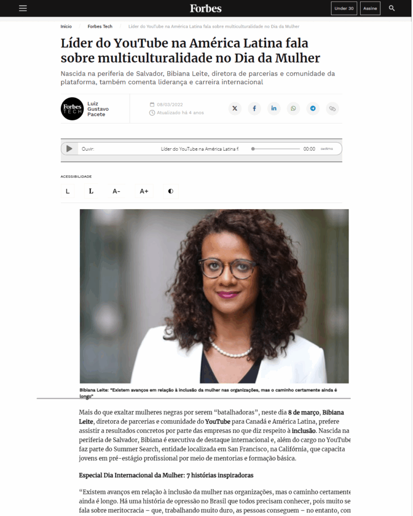 Forbes: Bibiana Leite, do YouTube, e o poder da multiculturalidade.