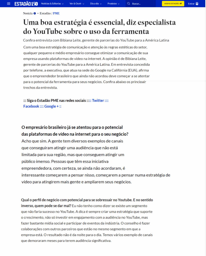 Estadão: “Uma boa estratégia é essencial”, diz especialista do YouTube sobre o uso da ferramenta.
